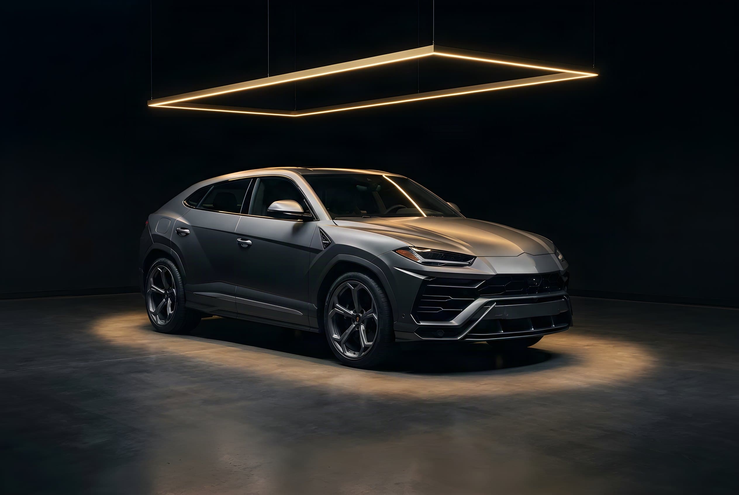 Grauer Lamborghini Urus S unter einem goldenen Lichtrahmen in einem dunklen Ausstellungsraum