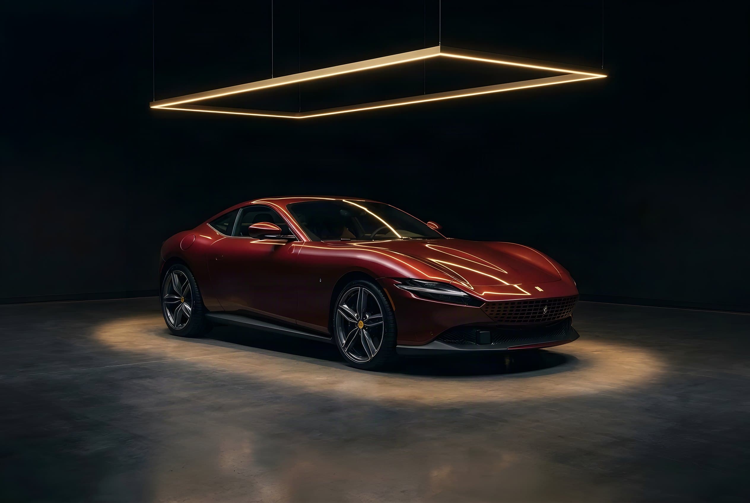 Dunkelroter Ferrari Roma unter einem goldenen Lichtrahmen in einem dunklen Raum
