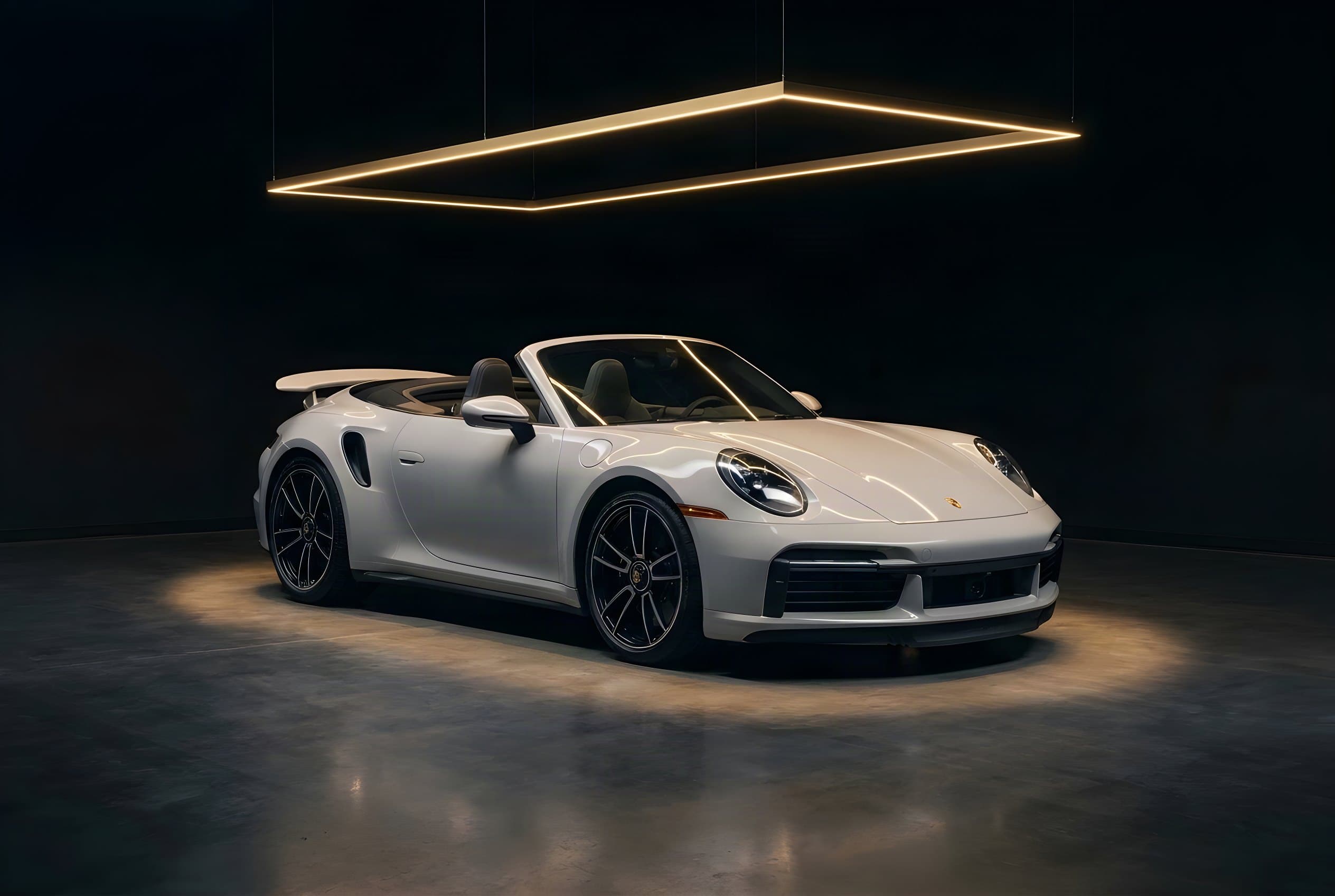 Weisses Porsche 911 Turbo S Cabriolet mit offenem Verdeck unter einem goldenen Lichtrahmen