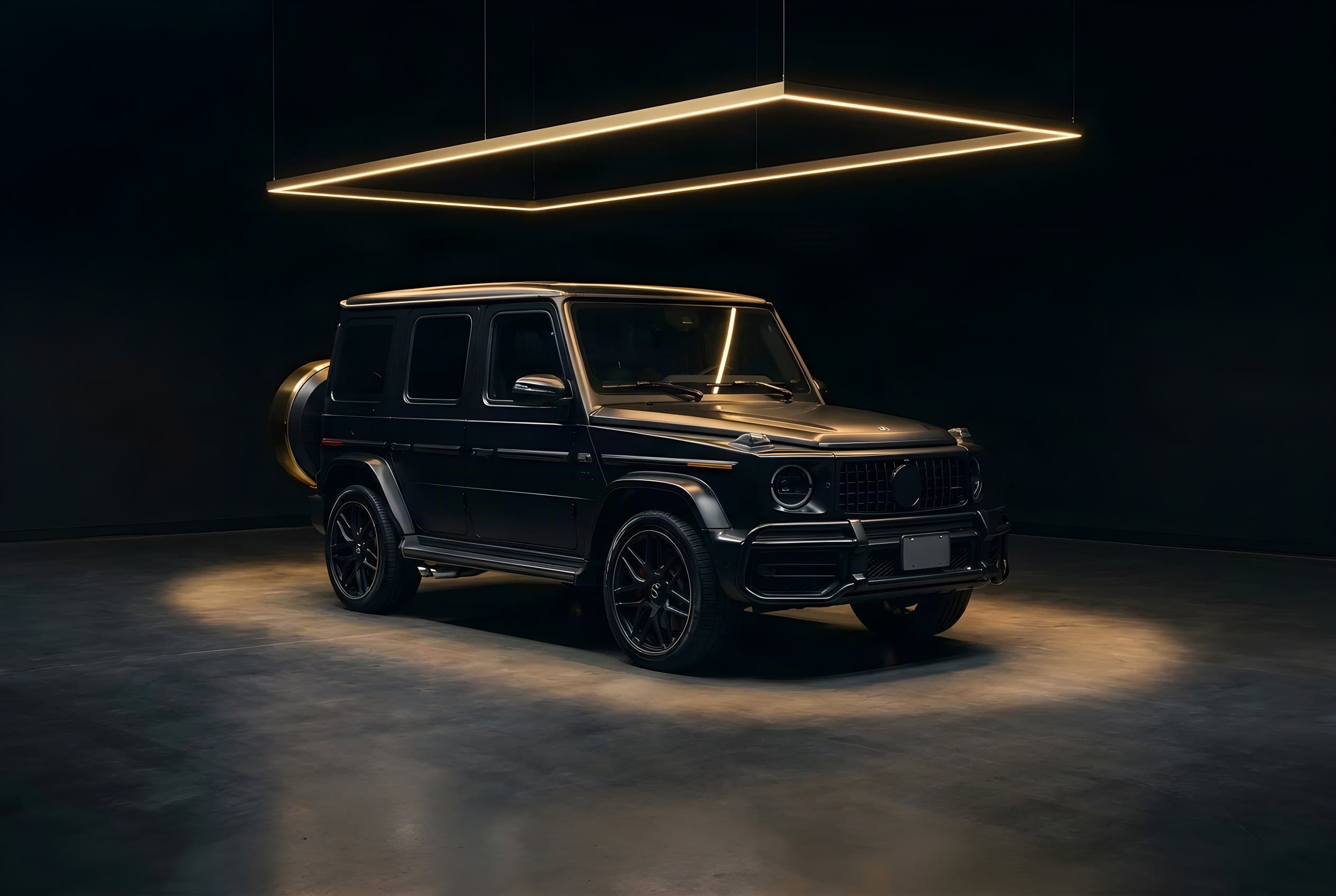 Mattschwarzer Mercedes-AMG G 63 im Lichtkegel unter einem goldenen Lichtrahmen