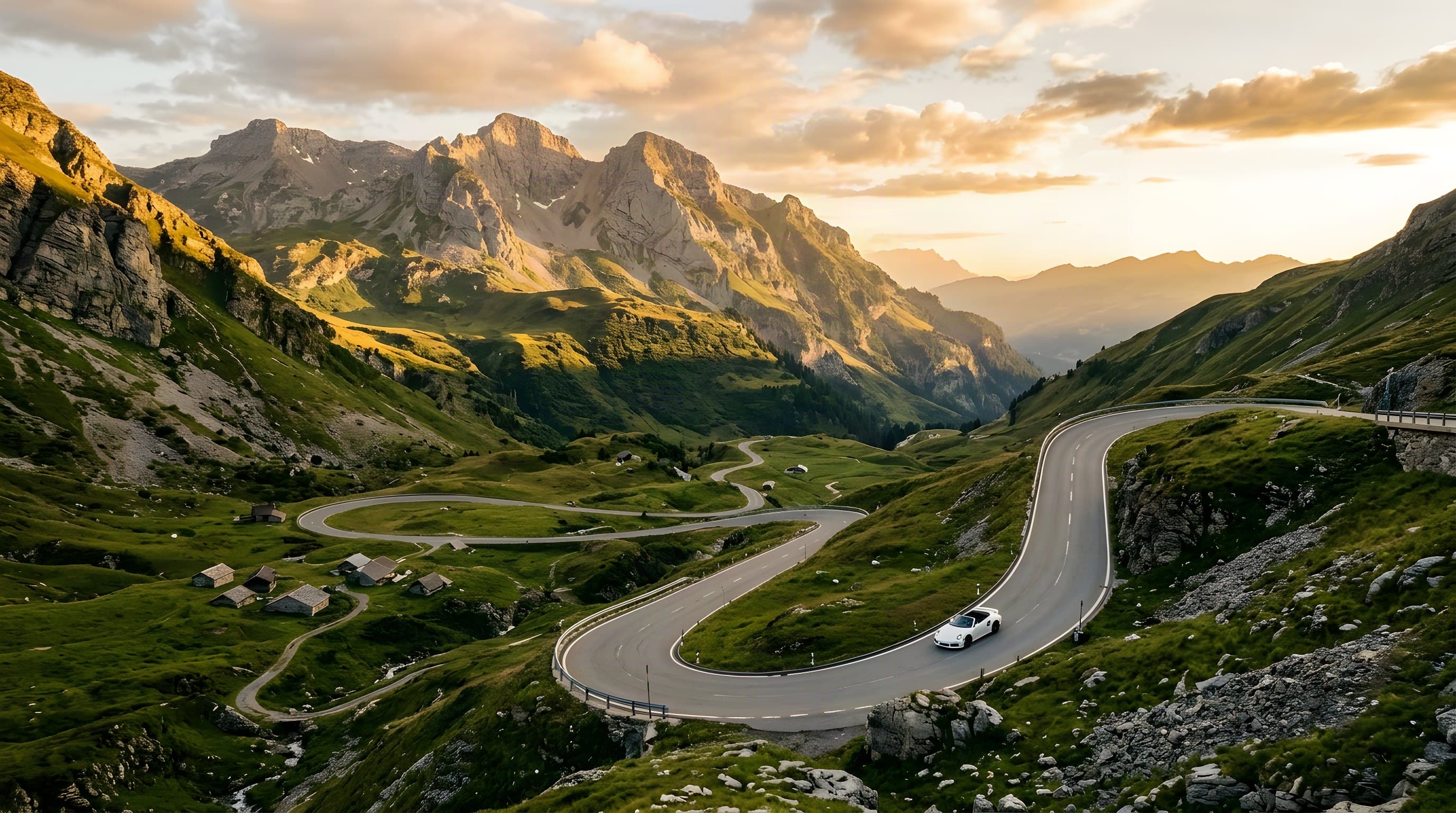 Passstrasse mit Serpentinen im warmen Abendlicht, ein weisser Sportwagen in der Kurve