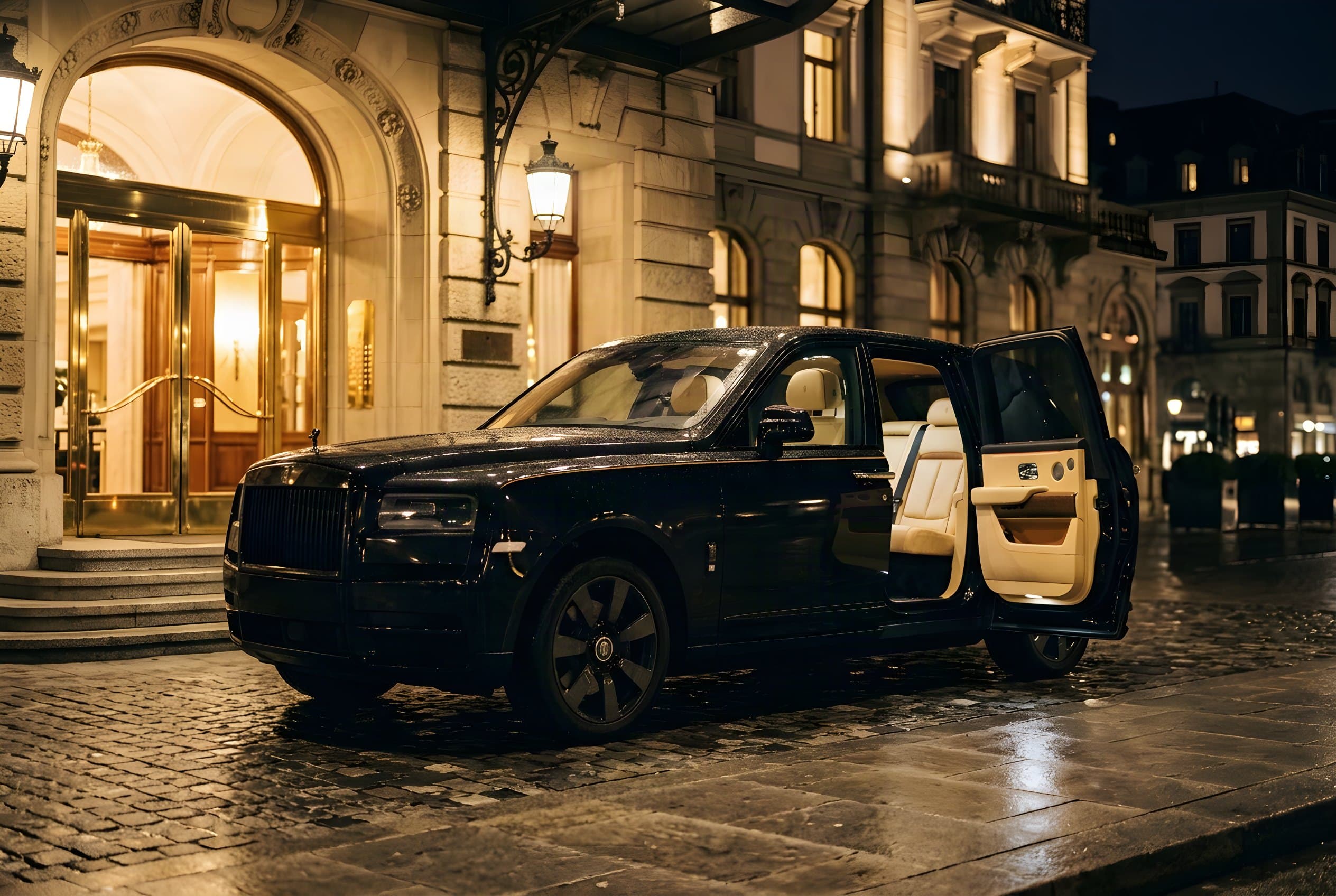 Schwarzer Luxus-SUV mit geöffneter Fondtür und hellem Leder vor einer beleuchteten Hotelauffahrt bei Nacht